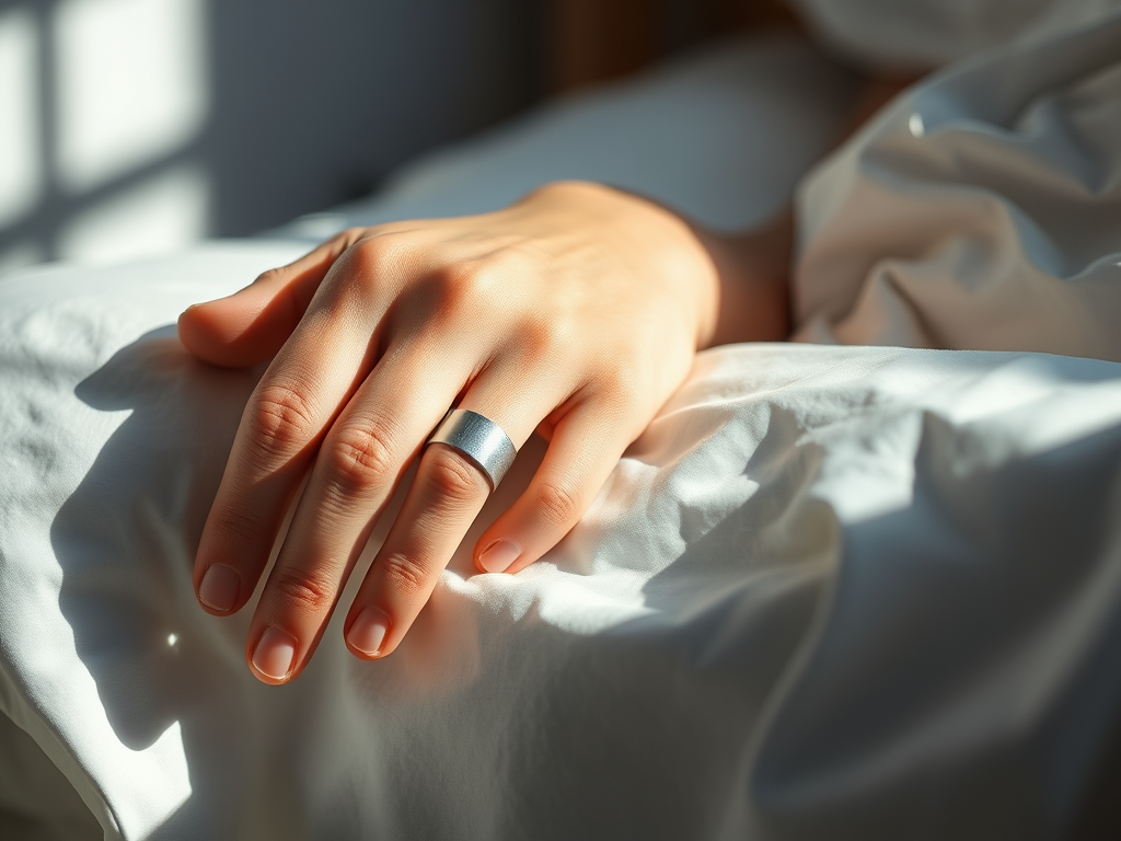 Sleeping woman's hand hanging over bed wearing Oura like ring