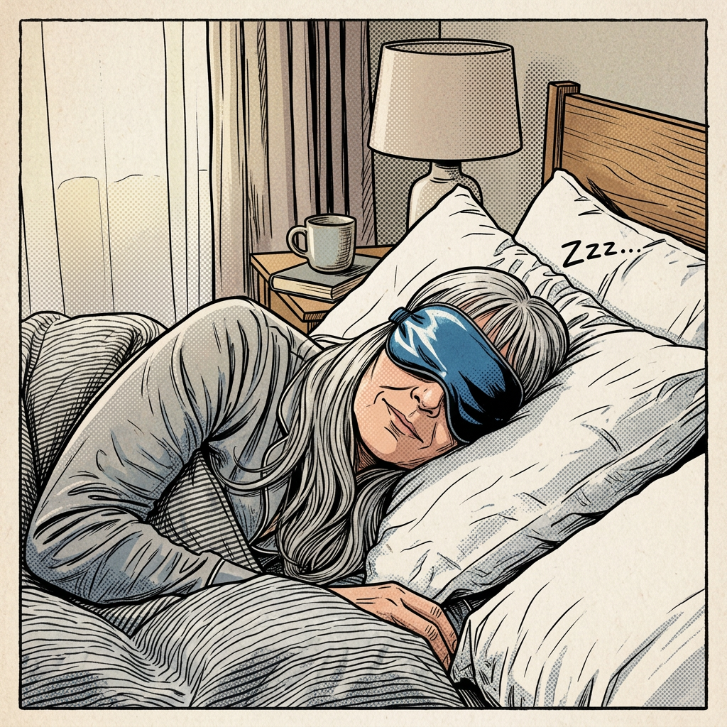Woman sleeping in bed wearing a blue sleep mask